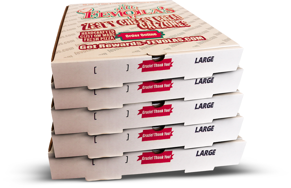 Stack of Fevola's large pizza boxes